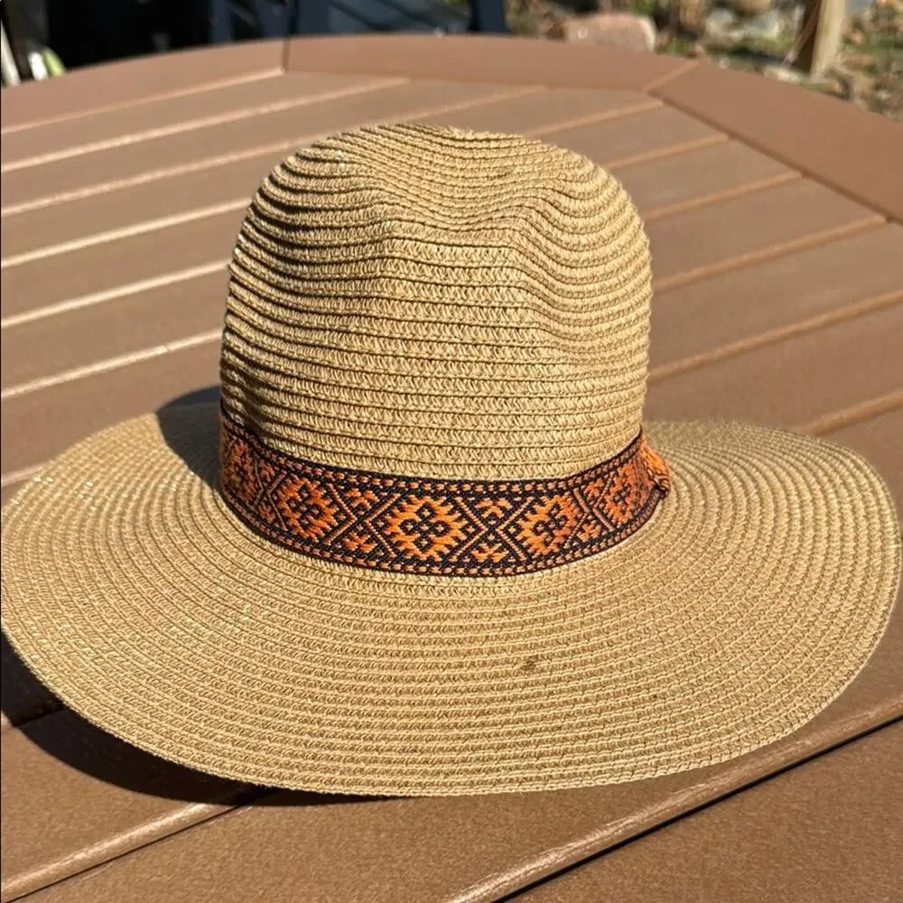 Paper Sun Hat Tan with Orange Band Adjustable